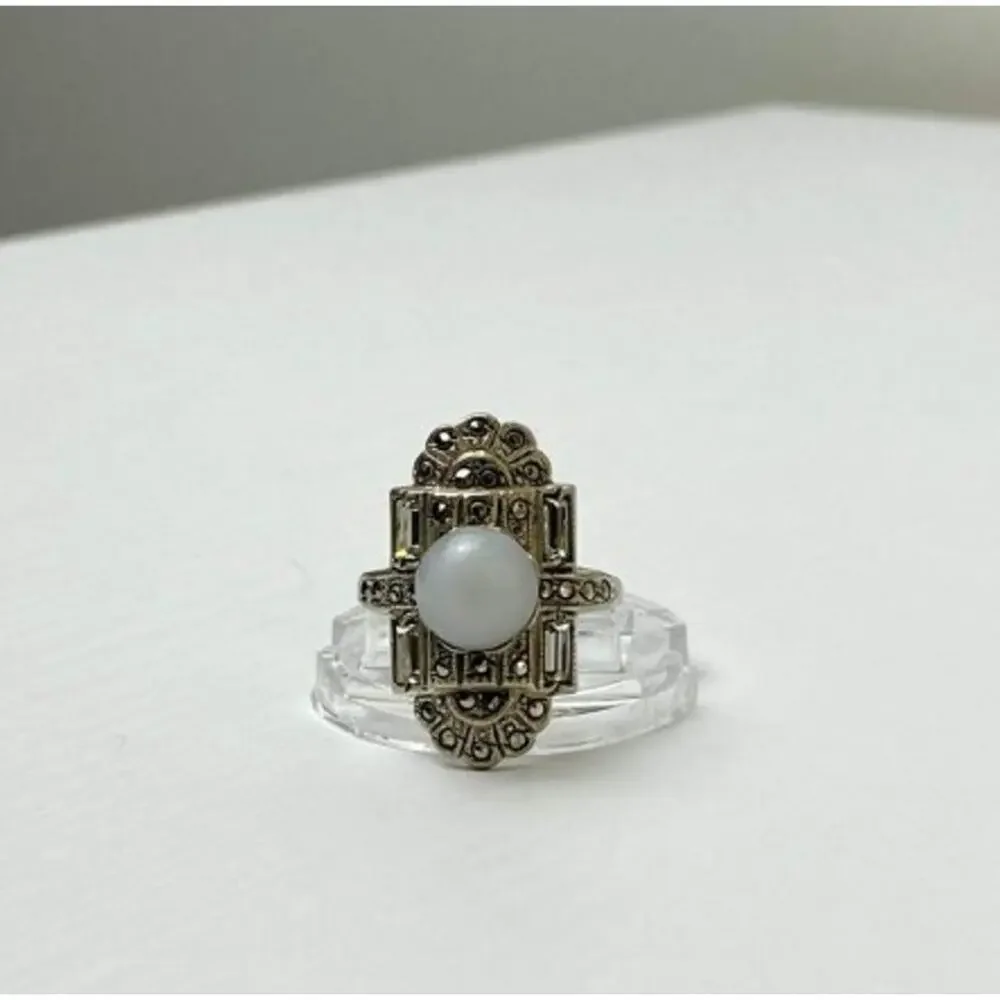Vintage 925 Sterling Silver Agate, Goshenite & Marcasites Ring Size 5.5